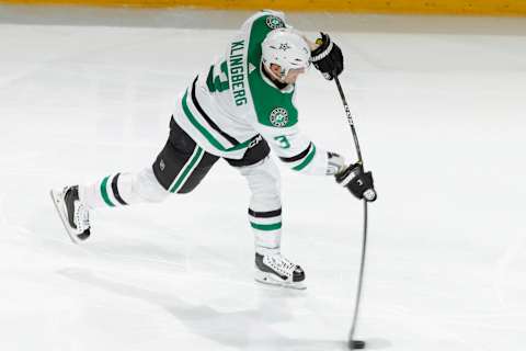 ST. PAUL, MN – MARCH 29: John Klingberg #3 of the Dallas Stars shoots the puck against the Minnesota Wild during the game at the Xcel Energy Center on March 29, 2018 in St. Paul, Minnesota. (Photo by Bruce Kluckhohn/NHLI via Getty Images)