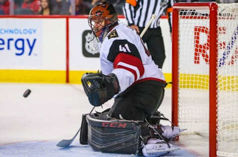 Oct 5, 2016; Calgary, Alberta, CAN; Arizona Coyotes goalie Mike Smith (41) makes a save against Calgary Flames during the third period during a preseason hockey game at Scotiabank Saddledome. Calgary Flames won 2-1. Mandatory Credit: Sergei Belski-USA TODAY Sports