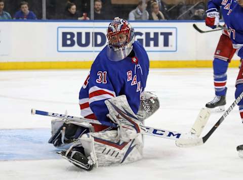 Igor Shesterkin #31 of the New York Rangers skates in his first NHL game against the Colorado Avalanche (Photo by Bruce Bennett/Getty Images)