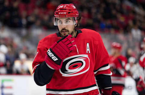 OTTAWA, ON – FEBRUARY 12: Carolina Hurricanes Defenceman Justin Faulk (27) after a whistle during second period National Hockey League action between the Carolina Hurricanes and Ottawa Senators on February 12, 2019, at Canadian Tire Centre in Ottawa, ON, Canada. (Photo by Richard A. Whittaker/Icon Sportswire via Getty Images)