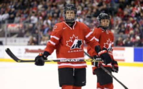 Dec 30, 2013; Toronto, Ontario, Canada; Canada defenseman Meaghan Mikkelson (12) during their game against USA during the second period in an exhibition hockey game at Air Canada Centre. USA beat Canada 3-2. Mandatory Credit: Tom Szczerbowski-USA TODAY Sports