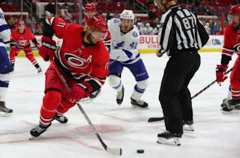 RALEIGH, NC – SEPTEMBER 18: Carolina Hurricanes center Jordan Staal (11) with the puck during the 2nd period of the Carolina Hurricanes game versus the Tampa Bay Lightning on September 18th, 2019 at PNC Arena in Raleigh, NC. (Photo by Jaylynn Nash/Icon Sportswire via Getty Images)