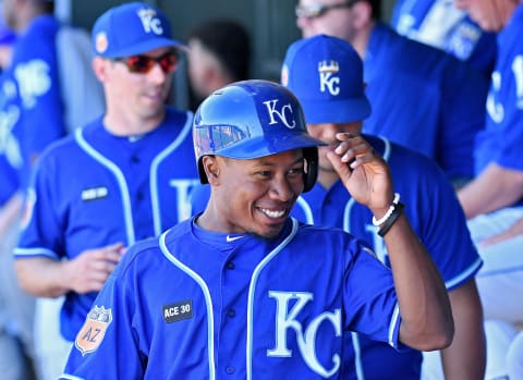 On March 14, 2017, with the Kansas City Royals, Terrance Gore smiles after scoring a run against the Los Angeles Angels during spring training in Surprise, Ariz. (John Sleezer/Kansas City Star/TNS via Getty Images)