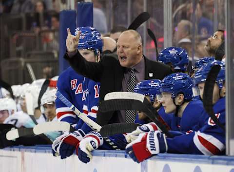 NEW YORK, NEW YORK – FEBRUARY 10: Head coach Gerard Gallant of the New York Rangers yells at a referee during the third period of the game against the Seattle Kraken at Madison Square Garden on February 10, 2023 in New York City. The Rangers defeated the Kraken 6-3. (Photo by Bruce Bennett/Getty Images)