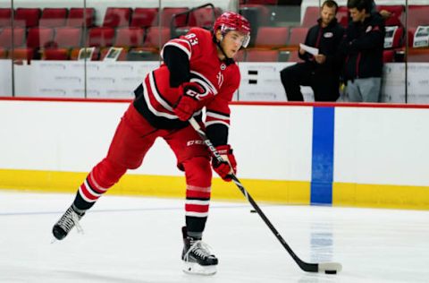 RALEIGH, NC – JUNE 30: Carolina Hurricanes David Cotton (83) warms up during the Canes Prospect Game at the PNC Arena in Raleigh, NC on June 30, 2018. (Photo by Greg Thompson/Icon Sportswire via Getty Images)