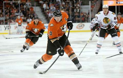 Nov 25, 2016; Anaheim, CA, USA; Anaheim Ducks right wing Corey Perry (10) shoots on goal against the Chicago Blackhawks during the second period at Honda Center. Mandatory Credit: Gary A. Vasquez-USA TODAY Sports