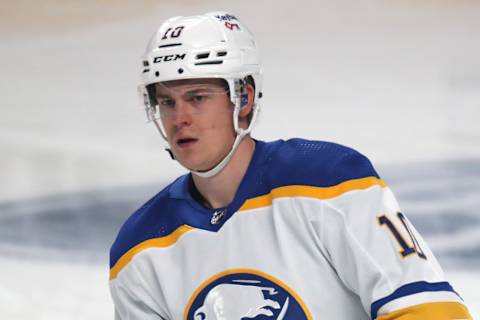 Feb 13, 2022; Montreal, Quebec, CAN; Buffalo Sabres defenseman Henri Jokiharju (10) during the warm-up session before the game against Montreal Canadiens at Bell Centre. Mandatory Credit: Jean-Yves Ahern-USA TODAY Sports