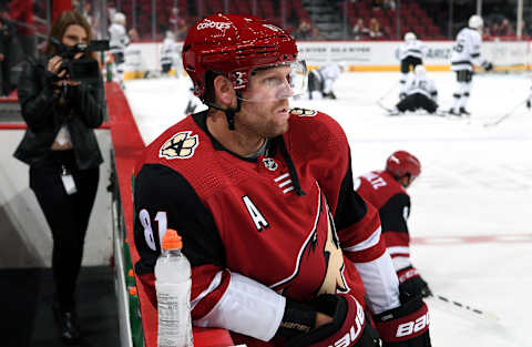 GLENDALE, ARIZONA – SEPTEMBER 17: Phil Kessel #81 of the Arizona Coyotes looks on prior to an NHL preseason game against the Los Angeles Kings at Gila River Arena on September 17, 2019 in Glendale, Arizona. (Photo by Norm Hall/NHLI via Getty Images)