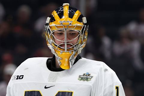 BOSTON, MASSACHUSETTS – APRIL 07: Erik Portillo #1 of the Michigan looks on during the second period of the Frozen Four semifinal game between the Michigan Wolverines and Denver Pioneers at TD Garden on April 07, 2022 in Boston, Massachusetts. (Photo by Maddie Meyer/Getty Images)