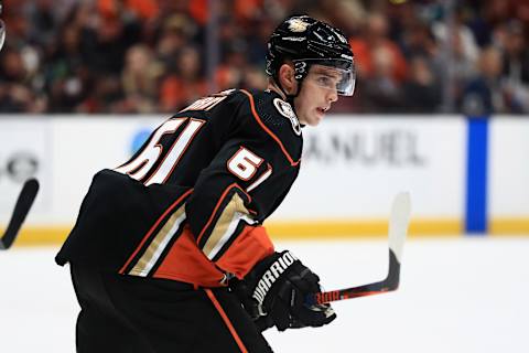 ANAHEIM, CA – SEPTEMBER 24: Troy Terry #61 of the Anaheim Ducks loks on during the second period of an NHL preseason game against the Arizona Coyotes at Honda Center on September 24, 2018 in Anaheim, California. (Photo by Sean M. Haffey/Getty Images)