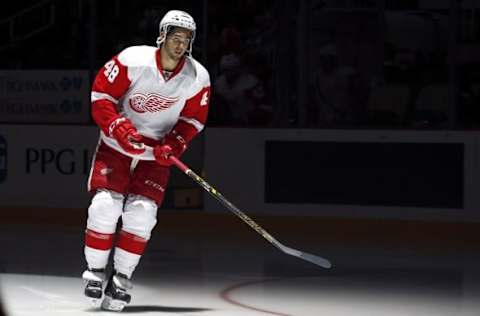 Sep 22, 2014; Pittsburgh, PA, USA; Detroit Red Wings defenseman Ryan Sproul (48) takes the ice against the Pittsburgh Penguins during the first period at the CONSOL Energy Center. The Red Wings won 2-1. Mandatory Credit: Charles LeClaire-USA TODAY Sports