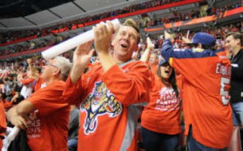 Apr 14, 2016; Sunrise, FL, USA; Florida Panther fans cheer their team’s first period goal in game one of the first round of the 2016 Stanley Cup Playoffs at BB&T Center. Mandatory Credit: Robert Duyos-USA TODAY Sports