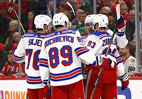 CHICAGO, IL – NOVEMBER 15: Members of the New York Rangers including (L-R) Brady Skjei