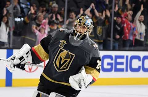 LAS VEGAS, NV – DECEMBER 23: Marc-Andre Fleury #29 of the Vegas Golden Knights skates on the ice after being named the first star of the game after the Golden Knights defeated the Washington Capitals 3-0 at T-Mobile Arena on December 23, 2017, in Las Vegas, Nevada. (Photo by Ethan Miller/Getty Images)