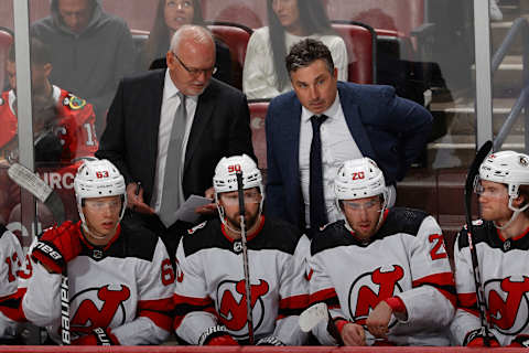 Coach Andrew Brunette and head coach Lindy Ruffof the New Jersey Devils. (Photo by Joel Auerbach/Getty Images)