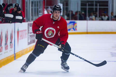 Ottawa Senators Prospect Defenseman Jonathan Tychonick (43) tracks the play (Photo by Richard A. Whittaker/Icon Sportswire via Getty Images)