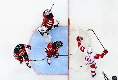 Andrew Copp #18 of the Detroit Red Wings celebrates a second-period goal. (Photo by Bruce Bennett/Getty Images)