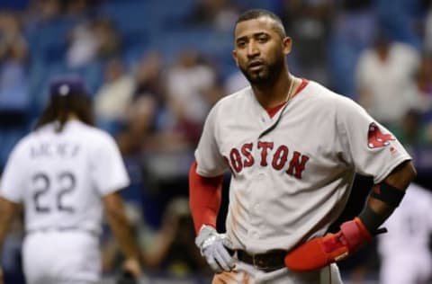 ST PETERSBURG, FL – MAY 23: Eduardo Nunez #36 of the Boston Red Sox reacts after getting tagged out at home plate in the fifth inning against the Tampa Bay Rays on May 23, 2018 at Tropicana Field in St Petersburg, Florida. The Red Sox won 4-1. (Photo by Julio Aguilar/Getty Images)