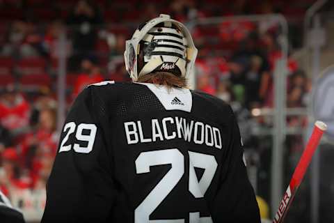 NEWARK, NJ – APRIL 29: Mackenzie Blackwood #29 of the New Jersey Devils warms up prior to the game against the Detroit Red Wings on April 29, 2022 at the Prudential Center in Newark, New Jersey. (Photo by Rich Graessle/Getty Images)