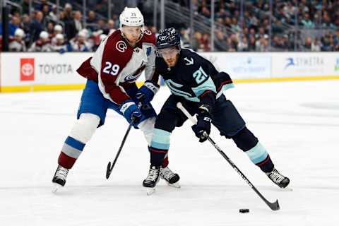 Colorado Avalanche, Nathan MacKinnon #29, Seattle Kraken, Alex Wennberg #21. (Photo by Steph Chambers/Getty Images)