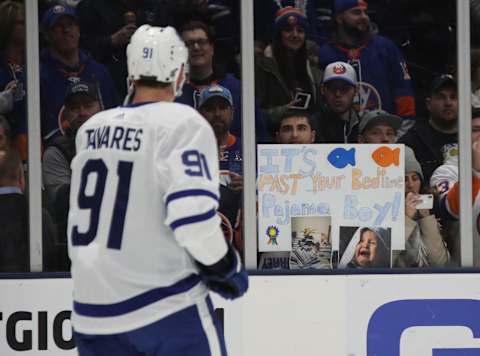 UNIONDALE, NEW YORK – APRIL 01: John Tavares #91 of the Toronto Maple Leafs  . (Photo by Bruce Bennett/Getty Images)