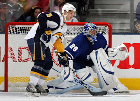 TORONTO – SEPTEMBER 22: Goaltender Justin Pogge #29 of the Toronto Maple Leafs keeps an eye on the play along with Marek Zagrapan #8 of the Buffalo Sabres during a preseason NHL game at the Air Canada Centre September 22, 2008 in Toronto, Ontario.(Photo By Dave Sandford/Getty Images)