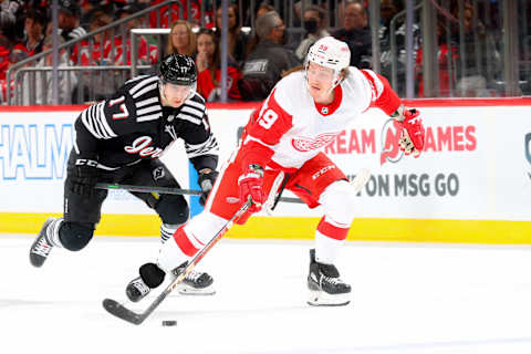 NEWARK, NJ – APRIL 29: Tyler Bertuzzi #59 of the Detroit Red Wings skates during the game against the New Jersey Devils on April 29, 2022 at the Prudential Center in Newark, New Jersey. (Photo by Rich Graessle/Getty Images)