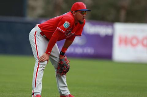 Mar 13, 2016; Tampa, FL, USA; Philadelphia Phillies shortstop Crawford (77) against the New York Yankees at George M. Steinbrenner Field. Mandatory Credit: Kim Klement-USA TODAY Sports