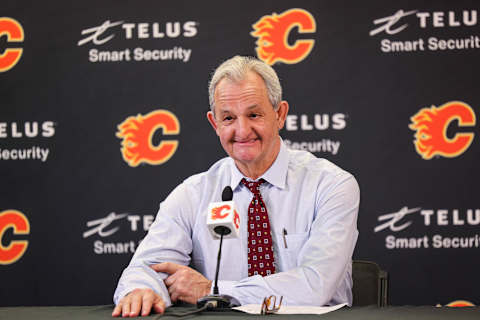 Mar 12, 2022; Calgary, Alberta, CAN; Calgary Flames head coach Darryl Sutter during interview after the game against the Detroit Red Wings at Scotiabank Saddledome. Mandatory Credit: Sergei Belski-USA TODAY Sports