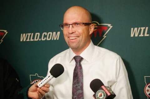 ST. PAUL, MN – OCTOBER 24: Minnesota Wild head coach Mike Yeo is interviewed prior to the game against the Anaheim Ducks on October 24, 2015 at the Xcel Energy Center in St. Paul, Minnesota. (Photo by Bruce Kluckhohn/NHLI via Getty Images)