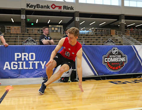 BUFFALO, NY – JUNE 1: Spencer Knight performs the pro agility test during the 2019 NHL Scouting Combine on June 1, 2019 at Harborcenter in Buffalo, New York. (Photo by Bill Wippert/NHLI via Getty Images)