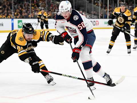 Mar 30, 2023; Boston, Massachusetts, USA; Boston Bruins defenseman Dmitry Orlov (81) defends Columbus Blue Jackets left wing Eric Robinson (50) during the second period at the TD Garden. Mandatory Credit: Brian Fluharty-USA TODAY Sports