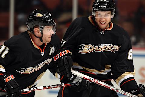 ANAHEIM, CA – MARCH 18: Saku Koivu #11 of the Anaheim Ducks and Nick Bonino #63 of the Anaheim Ducks warm up on the ice before the game against the Nashville Predators on March 18, 2012, at Honda Center in Anaheim, California. (Photo by Debora Robinson/NHLI via Getty Images)