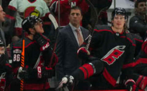 Feb 24, 2023; Raleigh, North Carolina, USA; Carolina Hurricanes head coach Rod BrindÕAmour looks on against the Ottawa Senators during the third period at PNC Arena. Mandatory Credit: James Guillory-USA TODAY Sports