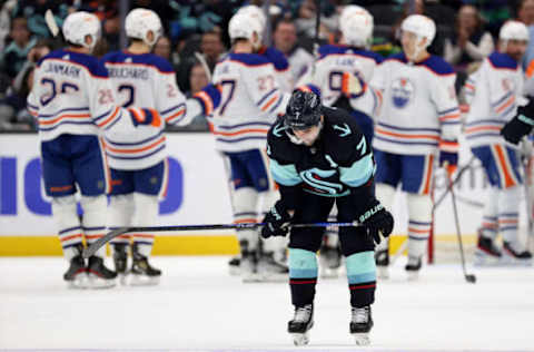 SEATTLE, WASHINGTON – MARCH 18: Jordan Eberle #7 of the Seattle Kraken reacts after losing 6-4 against the Edmonton Oilers at Climate Pledge Arena on March 18, 2023 in Seattle, Washington. (Photo by Steph Chambers/Getty Images)