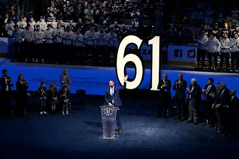 Mar 5, 2022; Columbus, Ohio, USA; Former Columbus Blue Jackets forward Rick Nash speaks during the retirement ceremony of his jersey before the game at Nationwide Arena. Mandatory Credit: Russell LaBounty-USA TODAY Sports