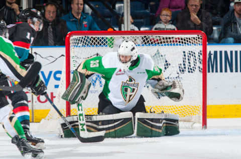 KELOWNA, BC – NOVEMBER 12: Ian Scott #33 of the Prince Albert Raiders makes a save against the Kelowna Rockets at Prospera Place on November 12, 2016 in Kelowna, Canada. (Photo by Marissa Baecker/Getty Images) Ian Scott;