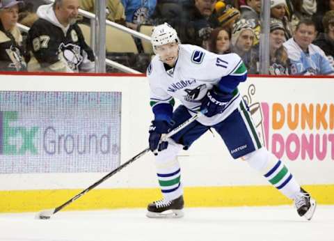 Jan 23, 2016; Pittsburgh, PA, USA; Vancouver Canucks right wing Radim Vrbata (17) skates with the puck against the Pittsburgh Penguins during the third period at the CONSOL Energy Center. The Penguins won 5-4. Mandatory Credit: Charles LeClaire-USA TODAY Sports