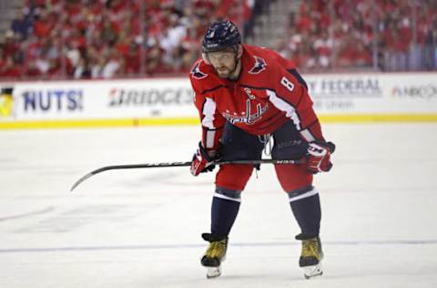 WASHINGTON, DC – APRIL 24: Alex Ovechkin #8 of the Washington Capitals in action against the Carolina Hurricanes in Game Seven of the Eastern Conference First Round during the 2019 NHL Stanley Cup Playoffs at the Capital One Arena on April 24, 2019 in Washington, DC. The Hurricanes defeated the Capitals 4-3 in the second overtime period to move on to Round Two of the Stanley Cup playoffs. (Photo by Patrick Smith/Getty Images)