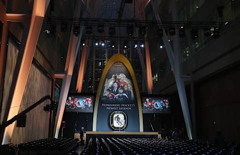 TORONTO, ONTARIO – NOVEMBER 12: The stage is set for the 2018 induction ceremony at the Hockey Hall Of Fame on November 12, 2018 in Toronto, Ontario, Canada. (Photo by Bruce Bennett/Getty Images)