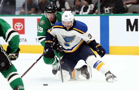 DALLAS, TEXAS – SEPTEMBER 16: Nathan Walker #36 of the St. Louis Blues skates for the puck against Blake Comeau #15 of the Dallas Stars in the second period during a NHL preseason game at American Airlines Center on September 16, 2019 in Dallas, Texas. (Photo by Ronald Martinez/Getty Images)