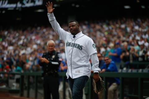 SEATTLE, WA – AUGUST 07: Former Mariner Ken Griffey Jr. waves to the crowd prior to the game between the Seattle Mariners and the Los Angeles Angels of Anaheim at Safeco Field on August 7, 2016 in Seattle, Washington. Griffey Jr. was on hand over the weekend for ceremonies retiring his jersey. (Photo by Otto Greule Jr/Getty Images)