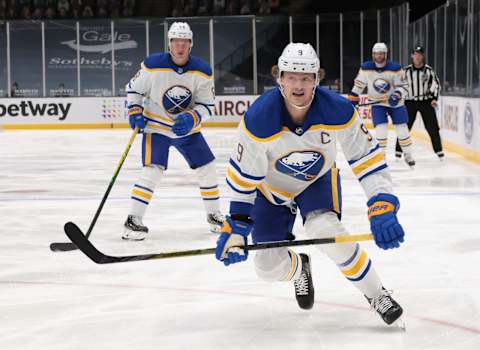 UNIONDALE, NEW YORK – FEBRUARY 22: Jack Eichel #9 of the Buffalo Sabres skates against the New York Islanders at the Nassau Coliseum on February 22, 2021 in Uniondale, New York. (Photo by Bruce Bennett/Getty Images)