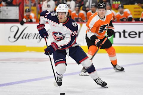 Apr 11, 2023; Philadelphia, Pennsylvania, USA; Columbus Blue Jackets center Kent Johnson (91) against the Philadelphia Flyers at Wells Fargo Center. Mandatory Credit: Eric Hartline-USA TODAY Sports