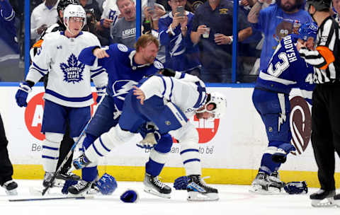 TAMPA, FLORIDA – APRIL 22: Steven Stamkos #91 of the Tampa Bay Lightning and Auston Matthews #34 of the Toronto Maple Leafs  (Photo by Mike Ehrmann/Getty Images)