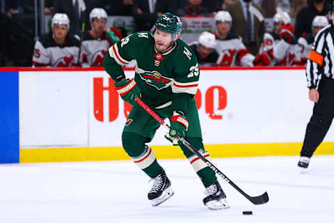 Dec 2, 2021; Saint Paul, Minnesota, USA; Minnesota Wild defenseman Dmitry Kulikov (29) skates with the puck during the third period against the New Jersey Devils at Xcel Energy Center. Mandatory Credit: Harrison Barden-USA TODAY Sports