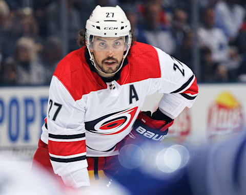 TORONTO,ON – DECEMBER 19: Justin Faulk #27 of the Carolina Hurricanes gets set for a puck drop against the Toronto Maple Leafs during an NHL game at the Air Canada Centre on December 19, 2017 in Toronto, Ontario, Canada. The Maple Leafs defeated the Hurricanes 8-1. (Photo by Claus Andersen/Getty Images)