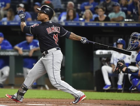 KANSAS CITY, MO – SEPTEMBER 27: Jose Ramirez #11 of the Cleveland Indians hits a sacrifice fly in the first inning against the Kansas City Royals at Kauffman Stadium on September 27, 2018 in Kansas City, Missouri. (Photo by Ed Zurga/Getty Images)