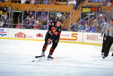 BUFFALO, NY – NOVEMBER 27: Defense Brad Marsh #14 of the Ottawa Senators warms up prior to a game against the Buffalo Sabres on November 27, 1992 at Memorial Auditorium in Buffalo, New York. (Photo by Rick Stewart/Getty Images)