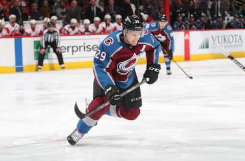 DENVER, CO – MARCH 18: Nathan MacKinnon #29 of the Colorado Avalanche waits for a face-off against the Detroit Red Wings at the Pepsi Center on March 18, 2018 in Denver, Colorado. The Avalanche defeated the Red Wings 5-1. (Photo by Michael Martin/NHLI via Getty Images)